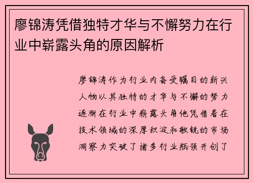 廖锦涛凭借独特才华与不懈努力在行业中崭露头角的原因解析