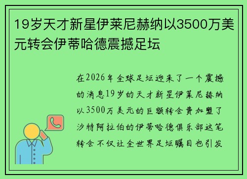 19岁天才新星伊莱尼赫纳以3500万美元转会伊蒂哈德震撼足坛