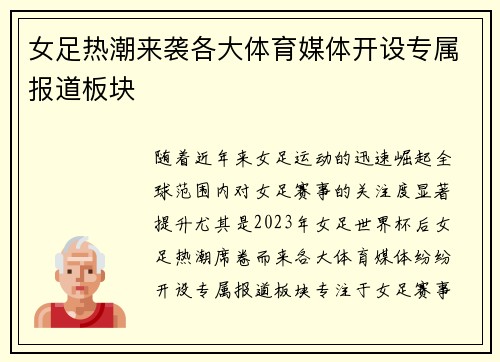 女足热潮来袭各大体育媒体开设专属报道板块